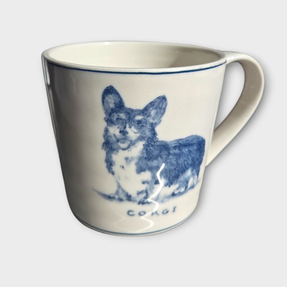 Molly Hatch Anthropologie Corgi Coffee Mug Blue White Sketch Ceramic Cup